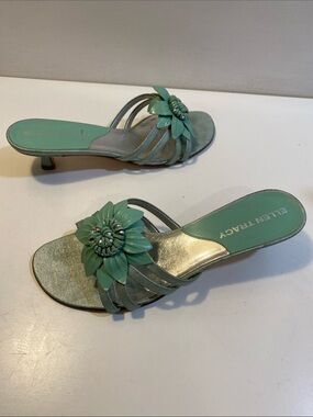 Ellen Tracy Mint Green Floral Kitten Heel Mules Sandals Sz 7.5 Fits 6.5